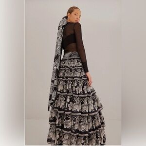 FARM RIO Make An Offer Floral Black and White Tiered Skirt